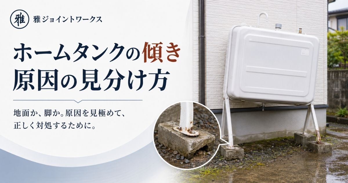 束石が沈んで傾いたホームタンクと、脚の接地部