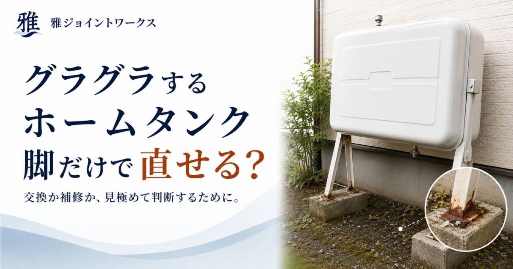 脚がぐらついたホームタンクと、腐食した脚の接地部